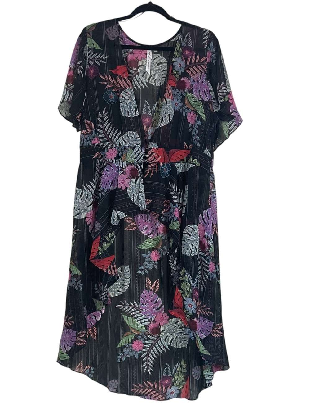 NY Collection Black Sheer Kimono Tropical Button-Front Swim Cover-Up Wrap